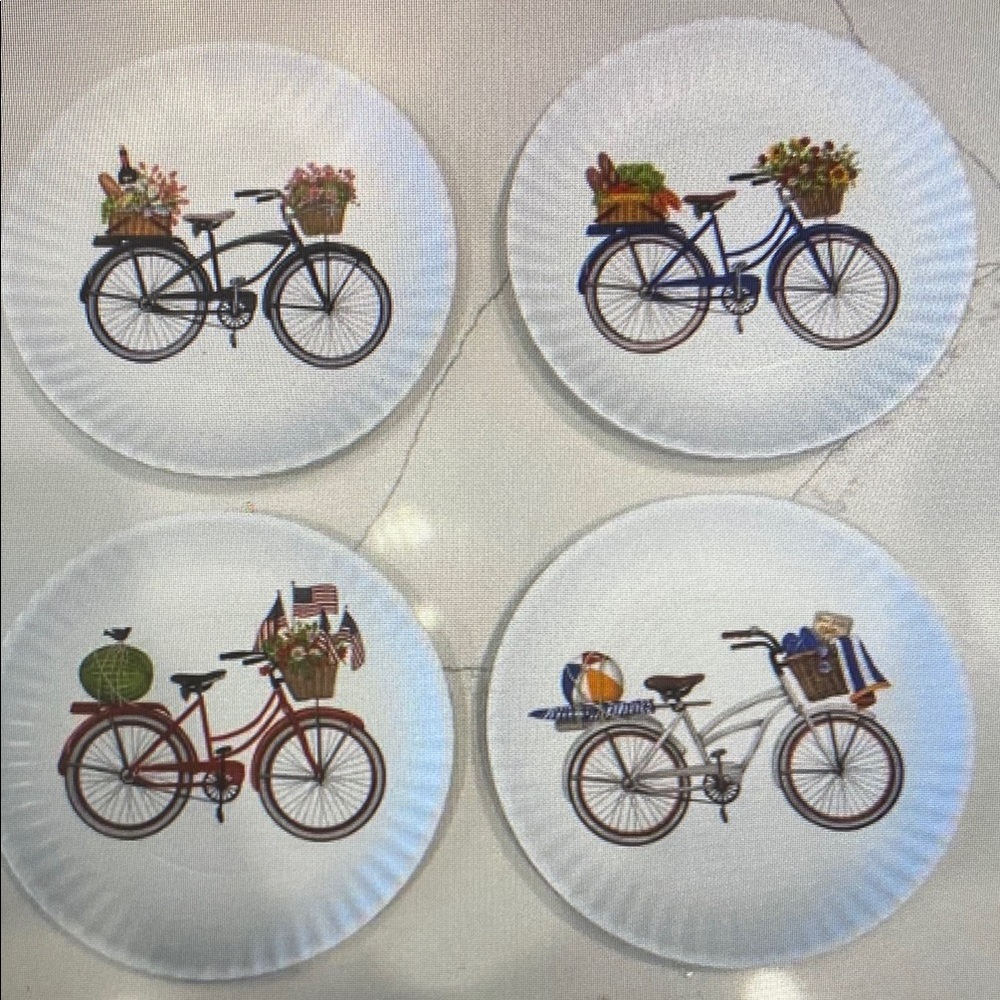 180 Degree Summer Beach Bicycle Paper Plate Style Melamine 9x9 4 CT Set Retro
